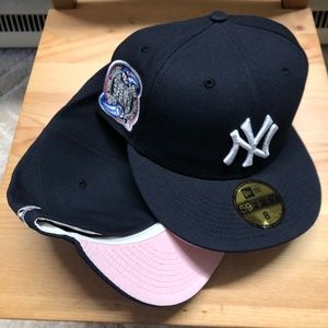 NY Yankees Fitted Hat Navy Blue Pink UV Size 8 NEW